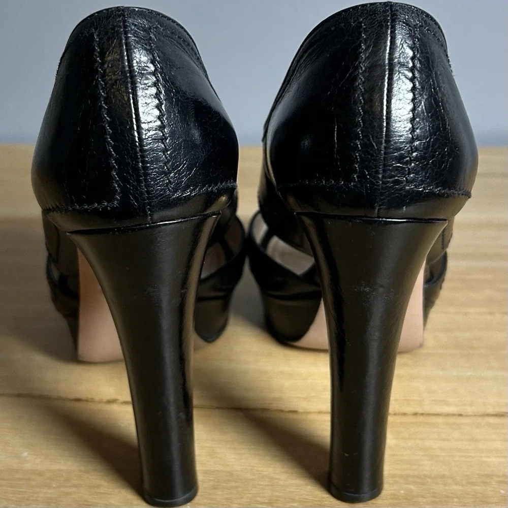 Prada Black Leather Cutout Platform Open Toe Stiletto Pumps